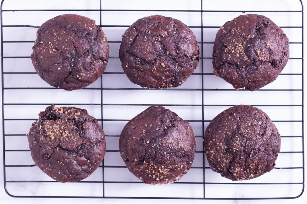 Overhead shot of Chocolate Muffins with chocolate chips on a wire rack on a white surface.