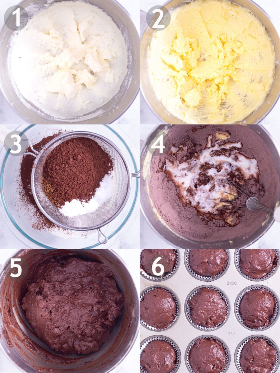 Step by step process of making double chocolate chip muffins: cream butter and sugar, add eggs, sift dry ingredients, mix everything together and bake.