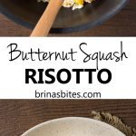 Creamy butternut squash risotto topped with fried sage in a creamy low bowl on a wood surface.