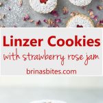 Linzer Cookies with Strawberry Rose Jam (top photo overhead shot and bottom photo shows stacked cookies on light grey surface surrounded by dried rose petals and fresh strawberries)
