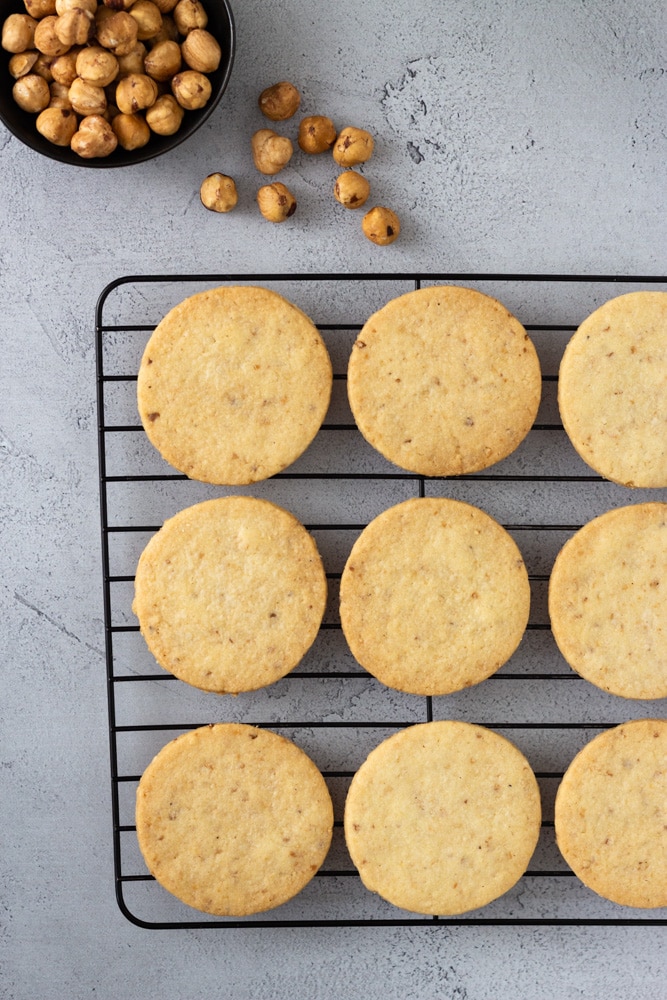 Overhead shot of hazelnut cookies on a cooling rack on a light blue grey surface next to a small black bowl of hazelnuts.