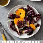 Overhead view of an Orange and Fennel Salad with Radicchio, blood orange, fennel fronds and a sherry vinaigrette on a white plate surrounded by a small bowl of dressing, another plate of salad, a fork, a knife and a glass of water on a grey, textured surface.