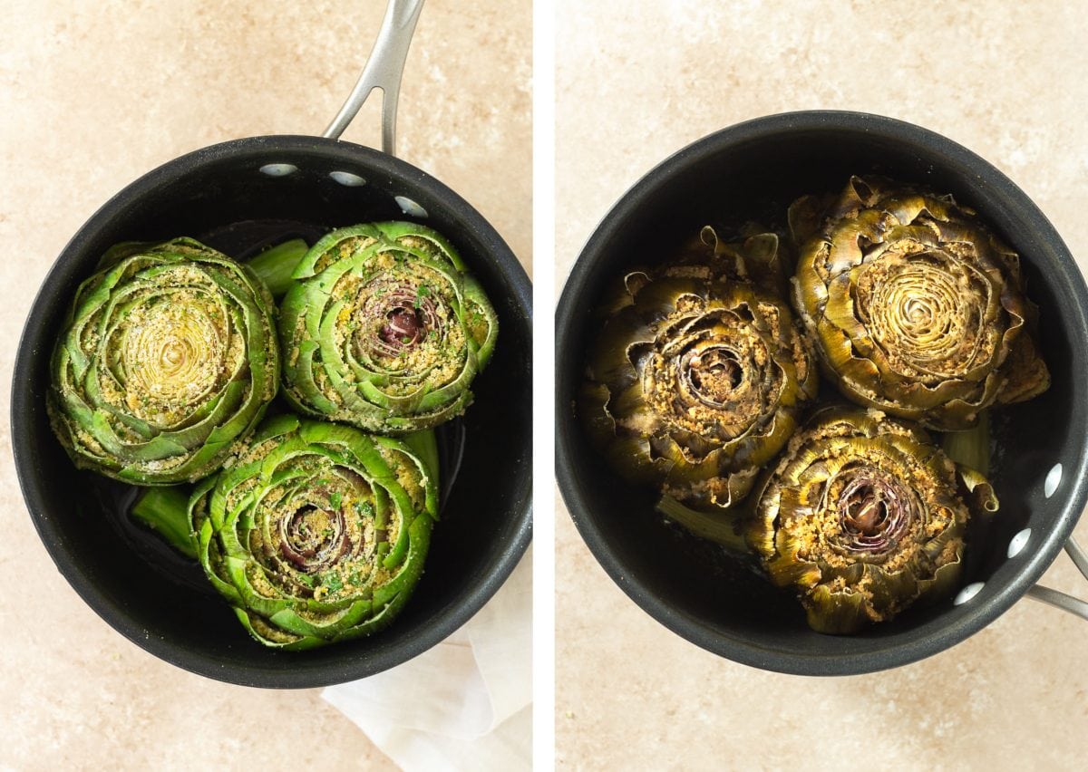 Side by side photos of Italian Stuffed Artichokes in a pot before and after cooking.