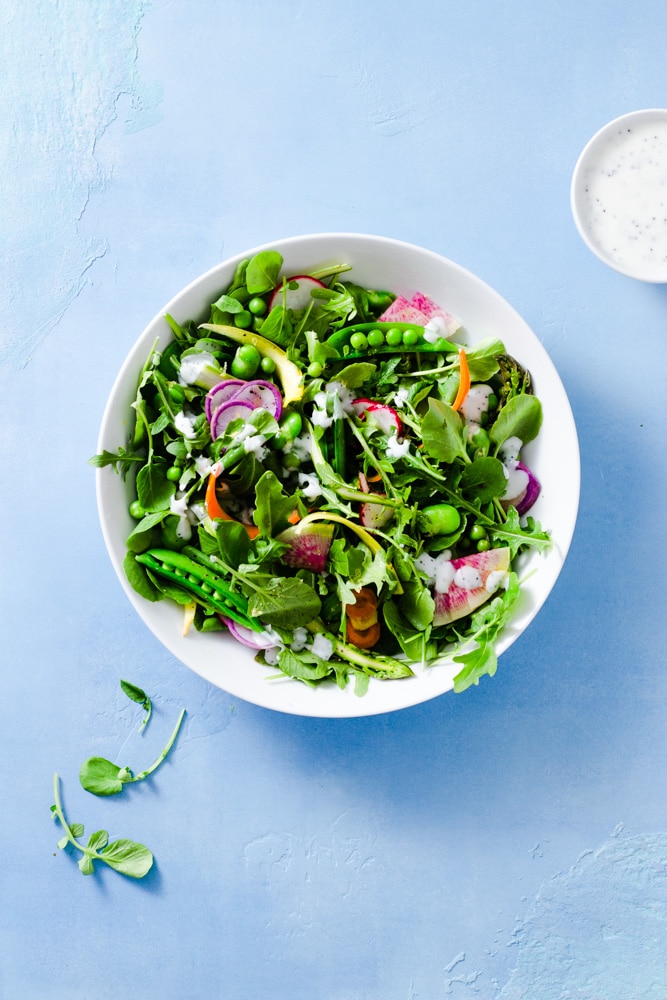 Overhead view of a spring vegetable salad with arugula, watercress, snap peas, English peas, fava beans, red radishes, purple radishes, watermelon radishes, carrots and asparagus with buttermilk poppy seed dressing on a light blue background.