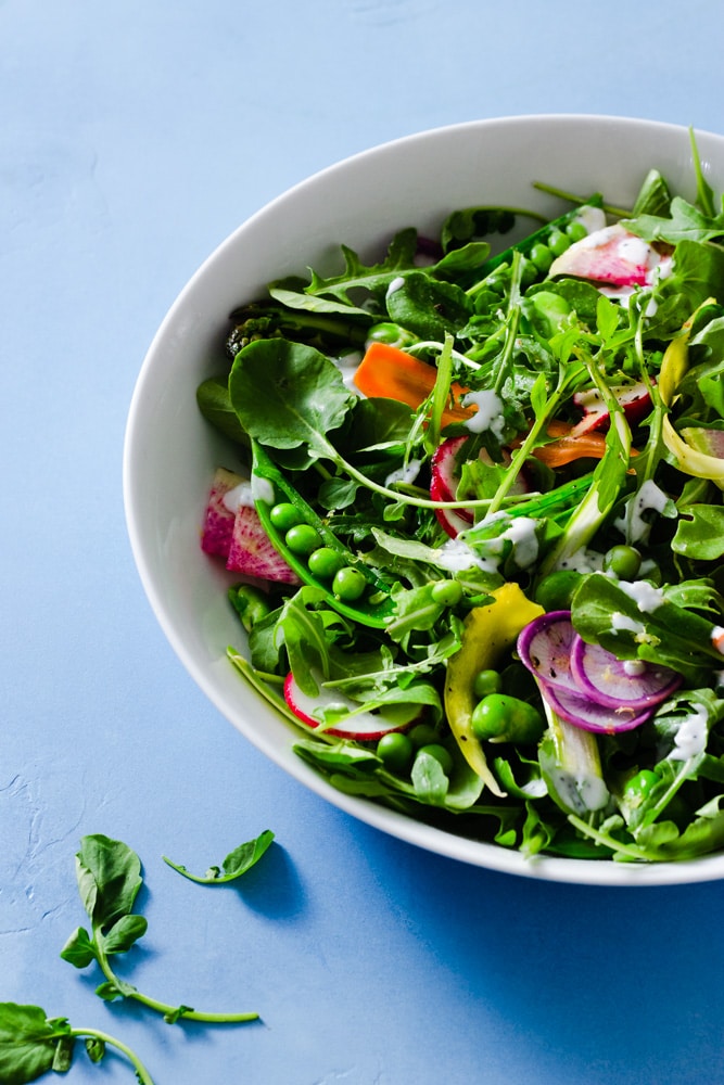 ¾ angled view of a spring vegetable salad with arugula, watercress, snap peas, English peas, fava beans, red radishes, purple radishes, watermelon radishes, carrots and asparagus with buttermilk poppy seed dressing on a light blue background.