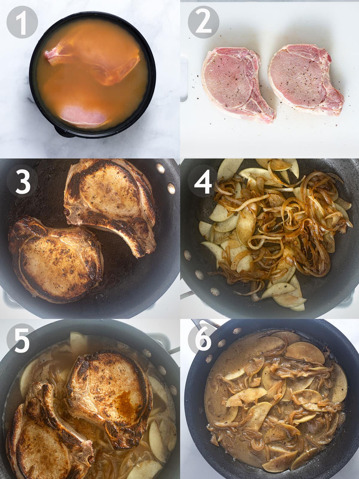 Step by step photos showing how to brine pork chops and cook with apples and onions.