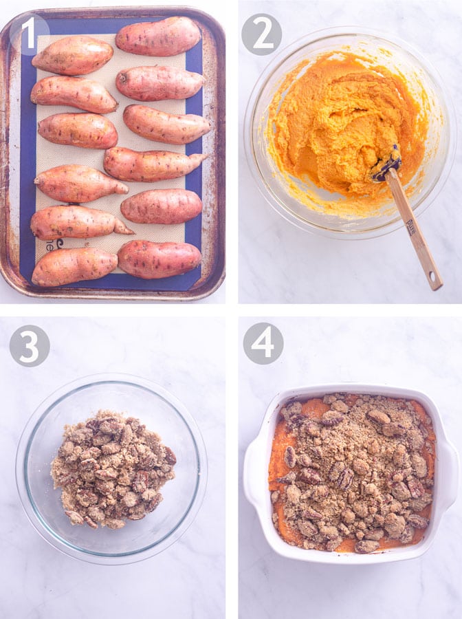 Step by step photos of making sweet potato casserole with marshmallows: baking potatoes on baking sheet, mixing sweet potato filling, mixing brown butter pecan topping, final baked casserole.