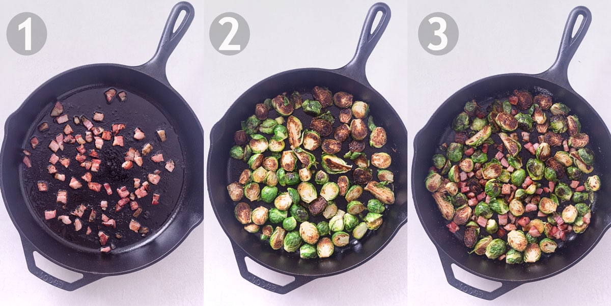 3 step by step shots of cooking brussels sprouts with pancetta in a cast iron pan