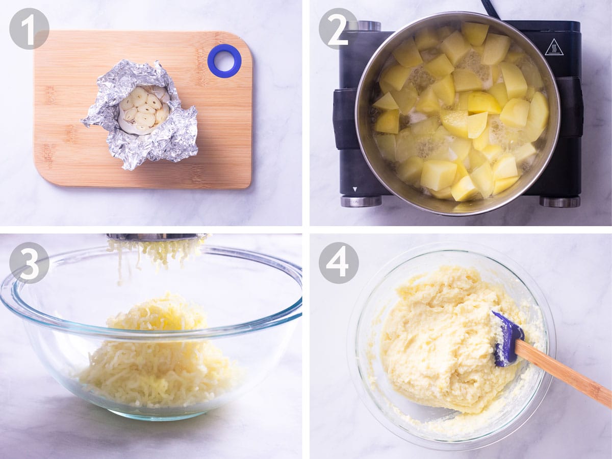 Step by step photos of making garlic mashed potatoes: roasting garlic, steaming potatoes, ricing potatoes and mixing with butter and cream.