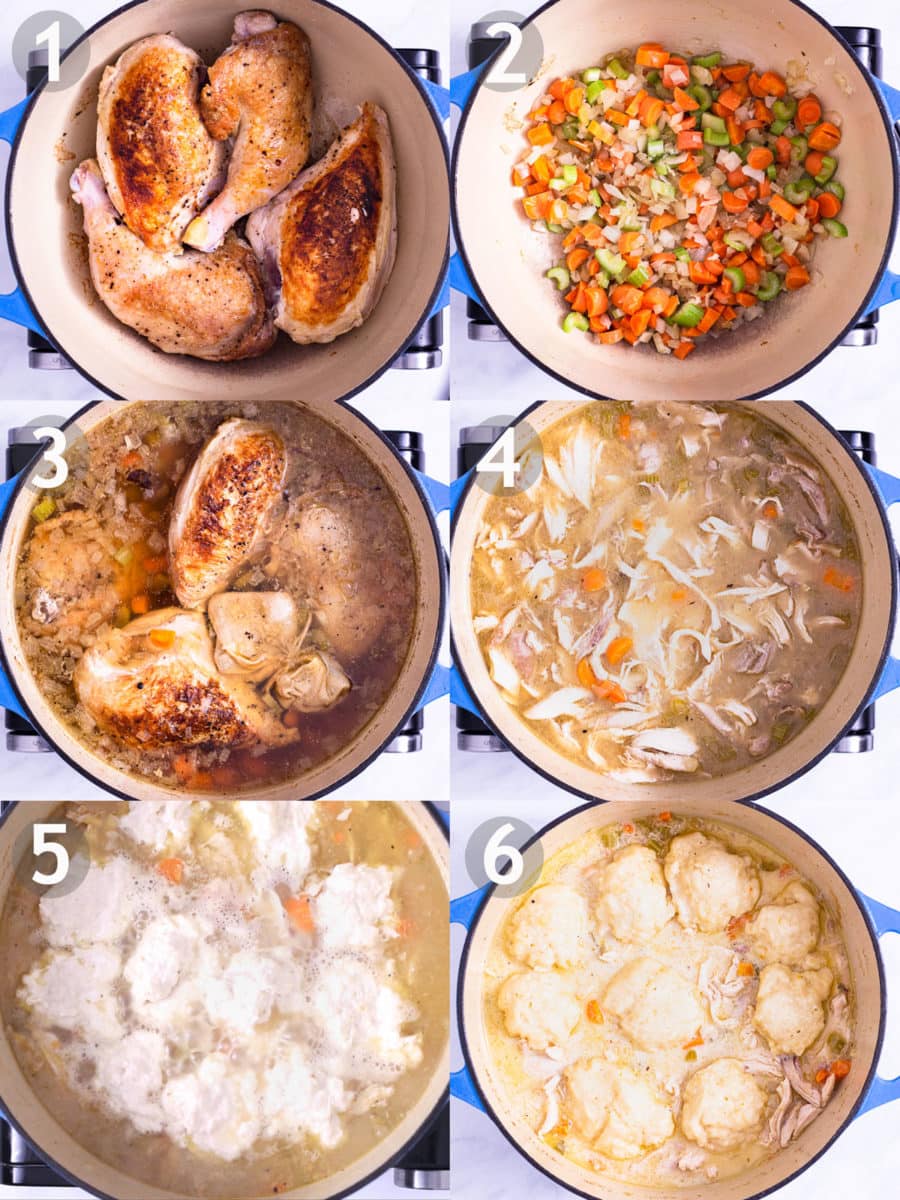 Step by step photos of making Chicken and Dumpling Soup: brown chicken, cook mirepoix and garlic, boil chicken and vegetables, shred chicken, steam dumplings on top of soup.