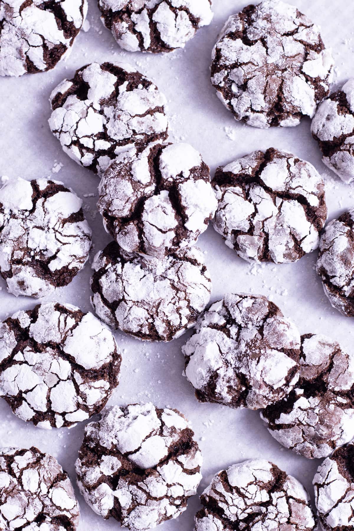 Overhead close up shot of Chocolate Crinkle Cookies scattered on parchment paper.
