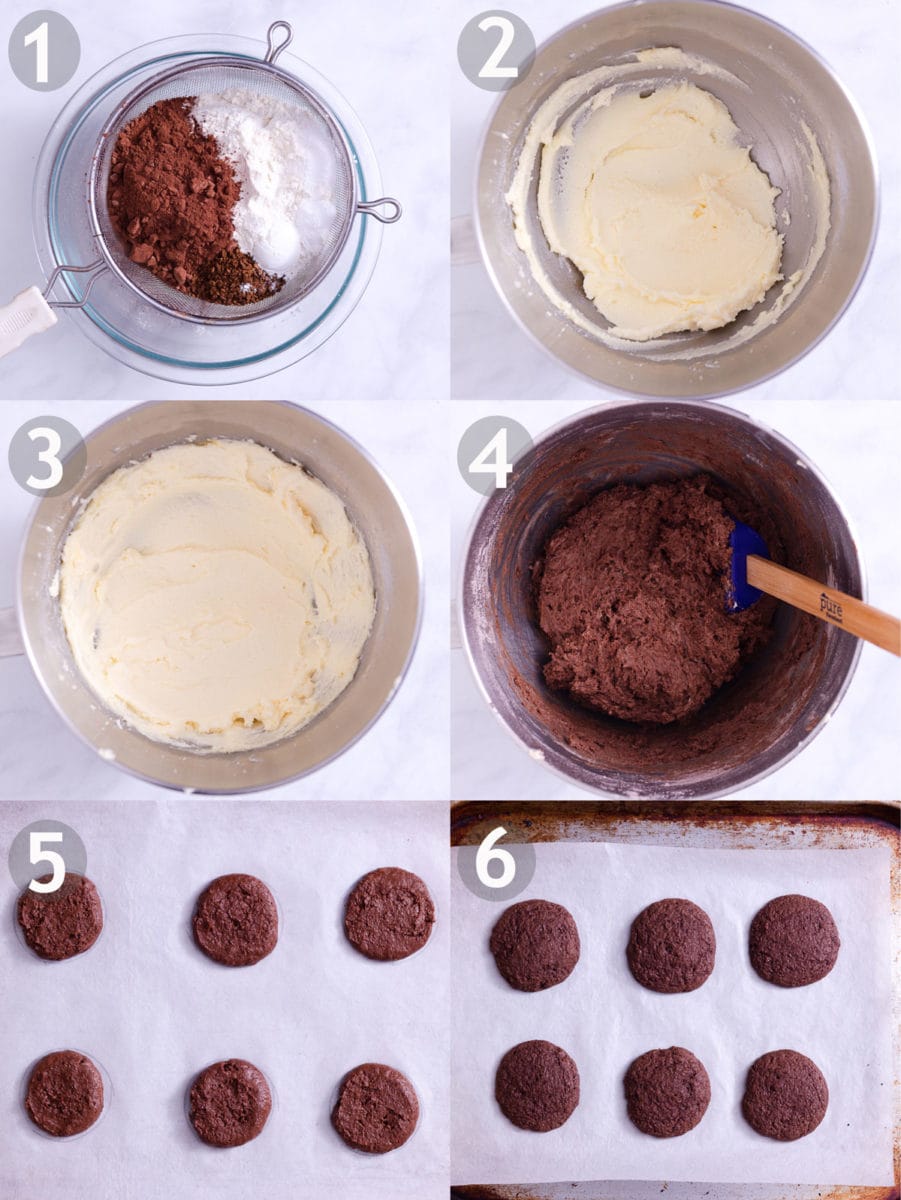 Step by step of making Chocolate Peppermint Whoopie Pies: sift dry ingredients, cream sugar and butter and add egg, mix wet and dry ingredients, shape and bake.
