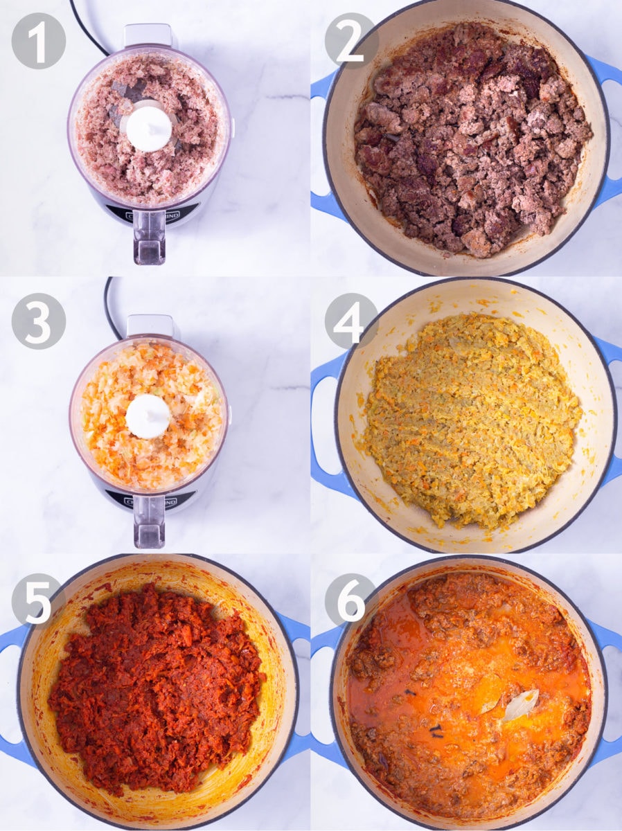 Step by step process of making bolognese sauce: grind pancetta, brown ground pork, beef and pancetta, grind carrots, celery and onion, cook vegetables, add tomato paste, add wine, milk, bay leaves and cloves.