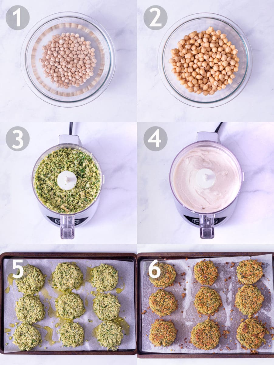 Step by step photos of making crispy baked falafel: soak dried chickpeas, mix herbs, spices and chickpeas in food processor, mix tahini yogurt sauce, bake falafel patties.