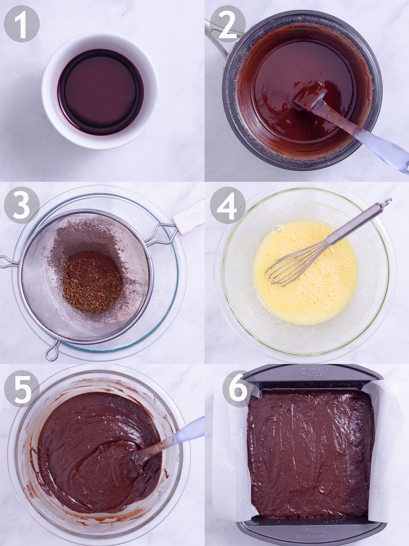 Step by step photos of making brownies with red wine: reduce wine, melt chocolate with butter, mix dry ingredients, mix wet ingredients, combine everything and bake.