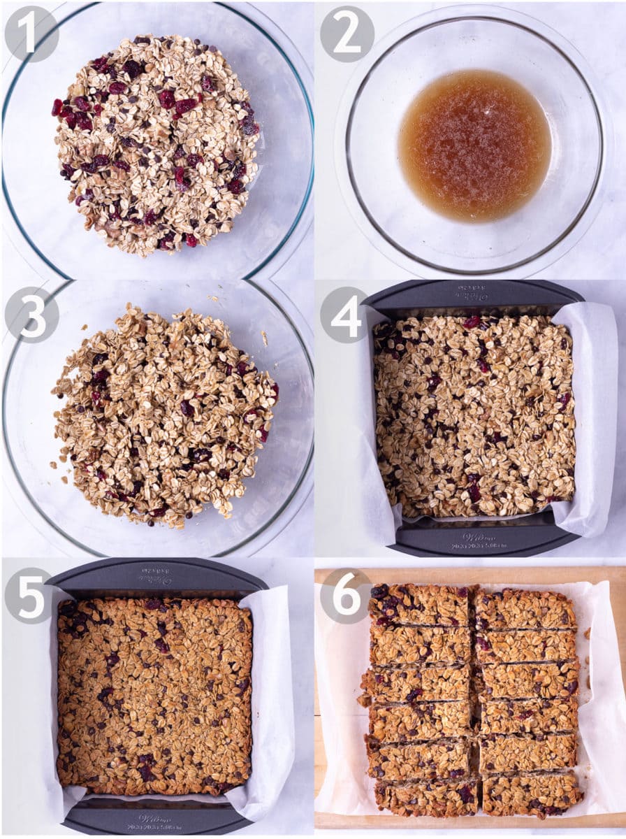 Step by step process: mix dry ingredients, mix wet ingredients, combine wet and dry, place in square pan, bake and cut into bars.