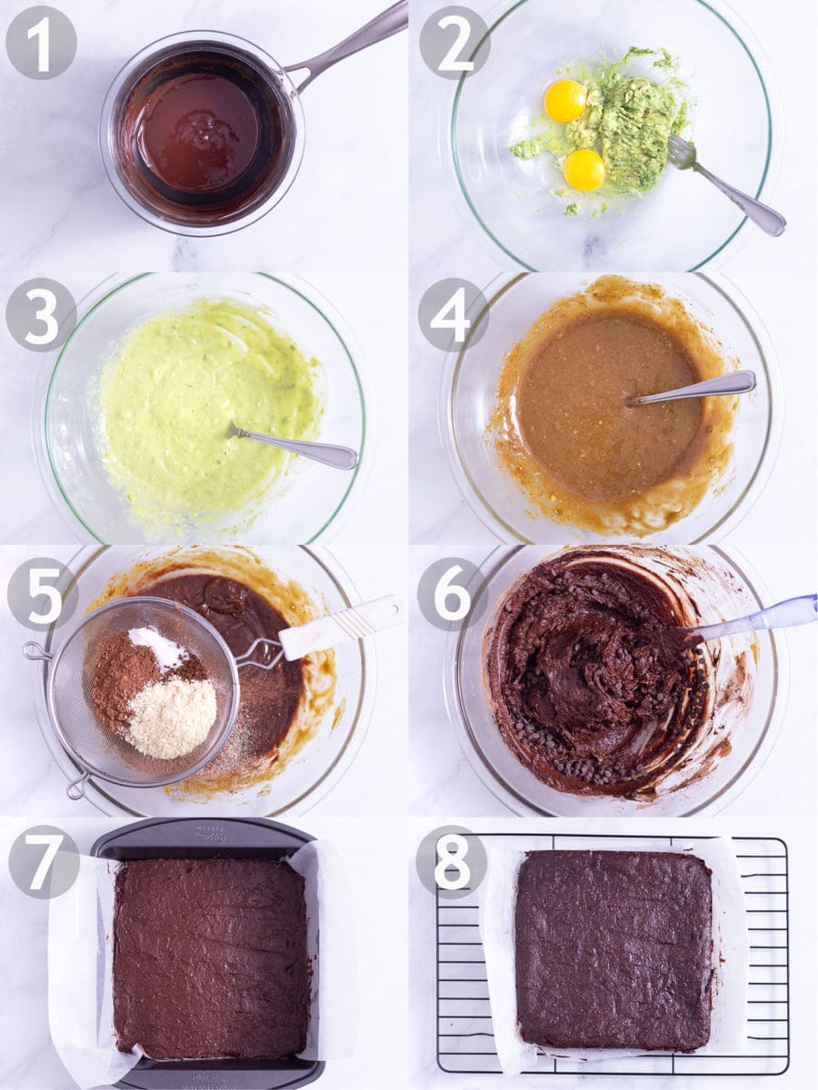 Overhead view of steps to make dairy free, gluten free brownies: melt chocolate, mash avocados, whisk with coconut sugar, stir in chocolate, sift over and mix in dry ingredients, stir in chocolate chips and bake.