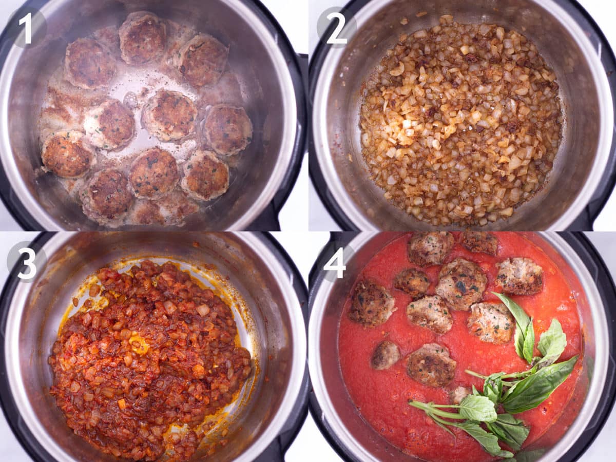 Steps of cooking meatballs in pressure cooker: brown meatballs, cook onion and garlic, add tomato paste, add canned tomatoes and basil, and cook.