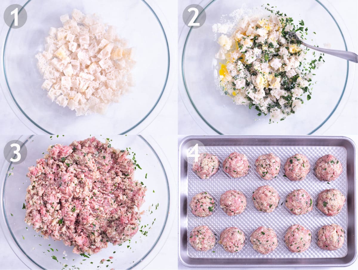 Steps of making Italian meatballs: soak bread, combine eggs, bread, cheese, garlic and parsley, add ground meats and roll into balls.