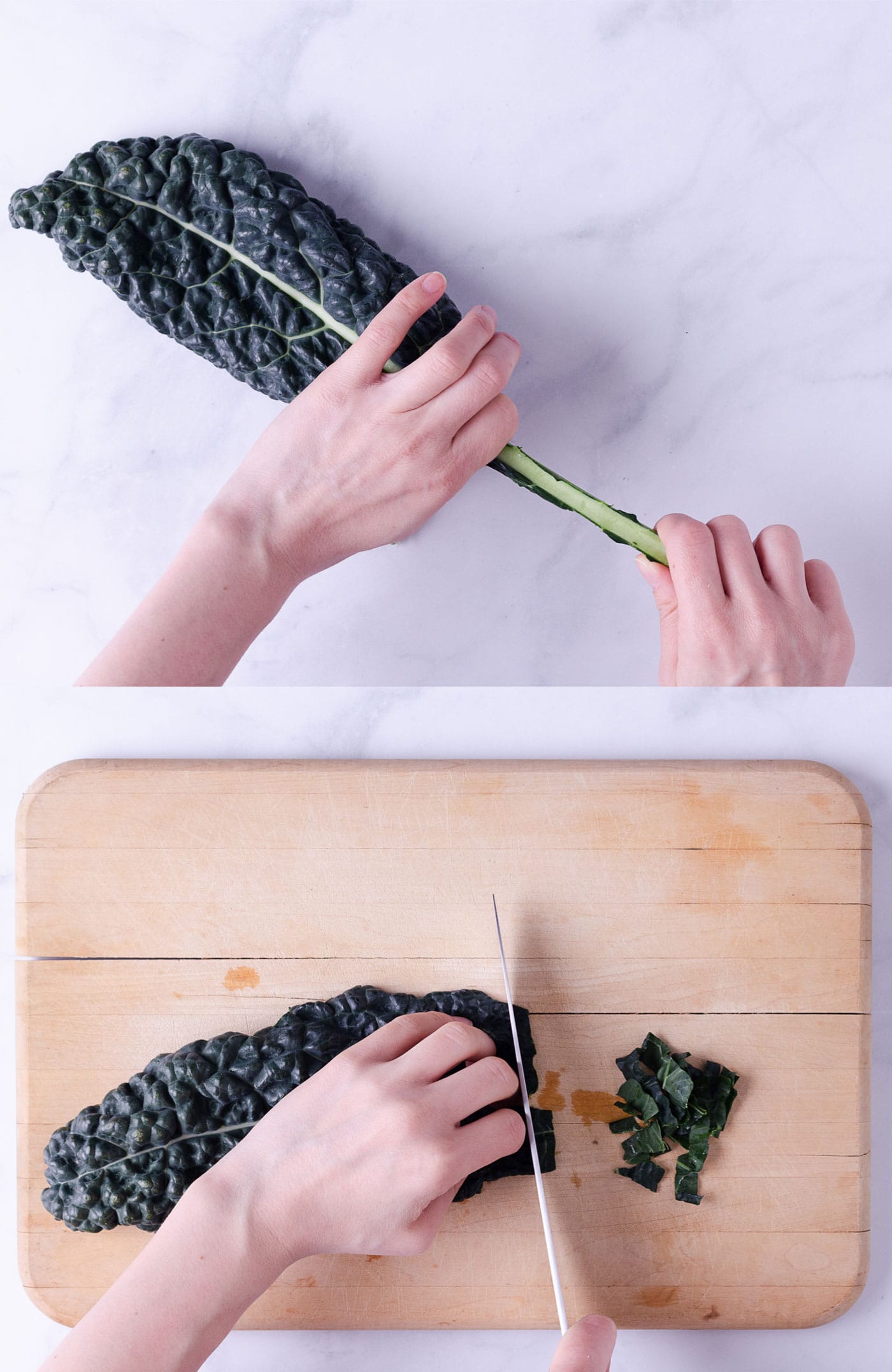 Side by side photos showing how to remove stem of kale and thinly slice.