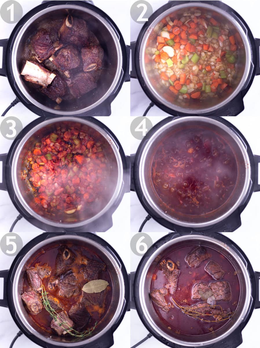 Step by step process of making short ribs in an instant pot (pressure cooker): brown meat, saute vegetables and tomato paste, reduce red wine, add back meat and broth and braise.