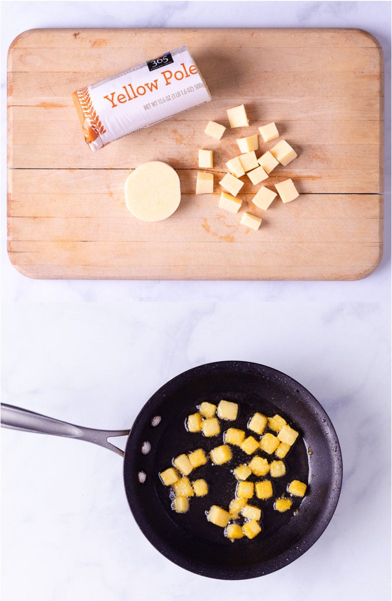 Side by side images showing how to cut and fry store bough polenta into croutons.