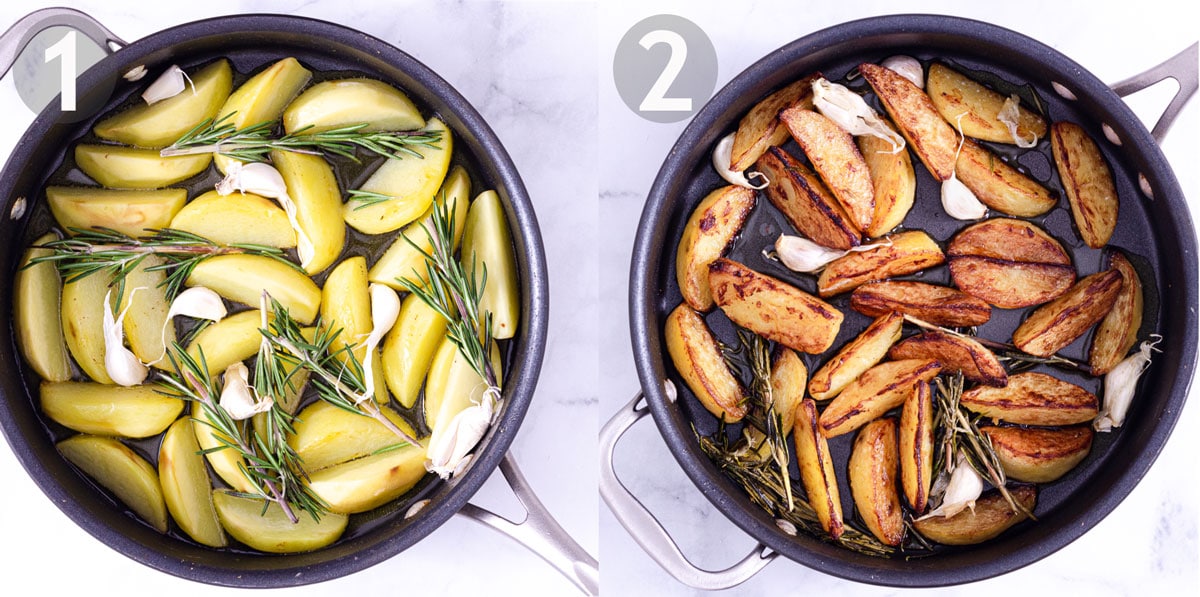 First two steps of cooking potato wedges in a pan with olive oil, fresh rosemary and garlic in the cloves.