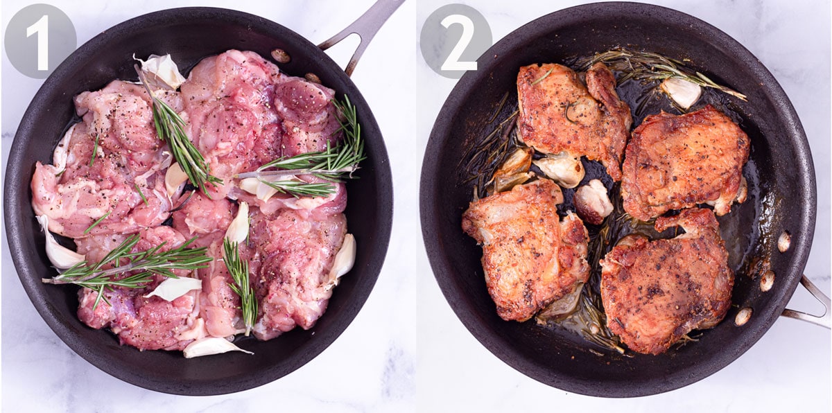 Side by side images showing skin on, bone less chicken thighs before and after cooking process in pan with rosemary sprigs and whole garlic cloves.