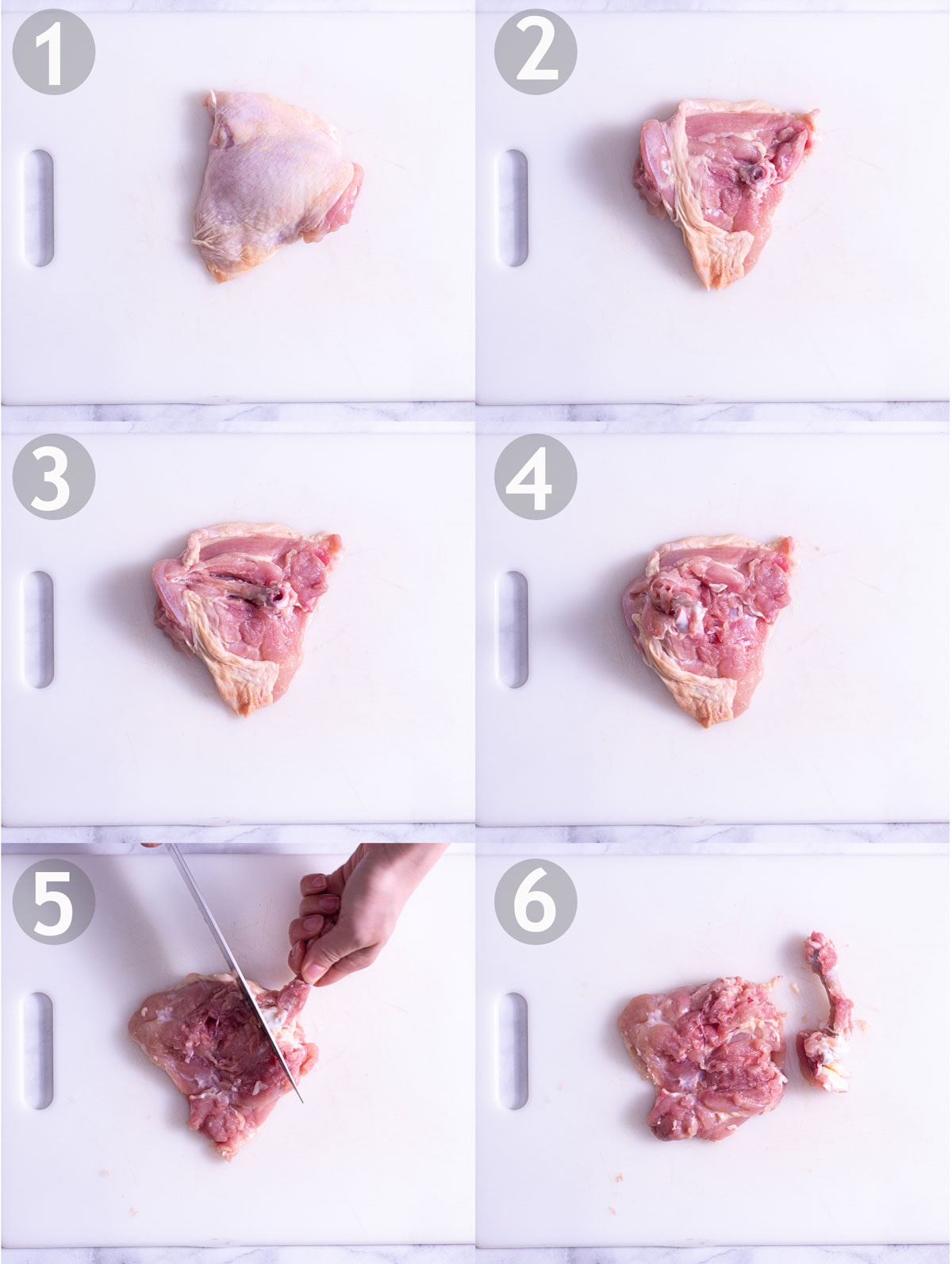 Step by step process of deboning a chicken thigh: make a slit in skin above bone, scrap flesh away from bone and cut away at joint.
