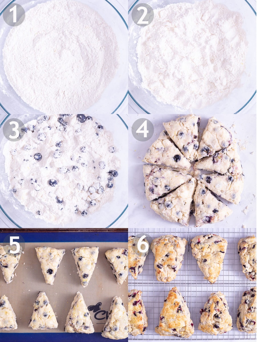 Step by step images of making scones: mix dry ingredients, work in chunks of butter, add lemon zest and blueberries, add cream, form and bake.