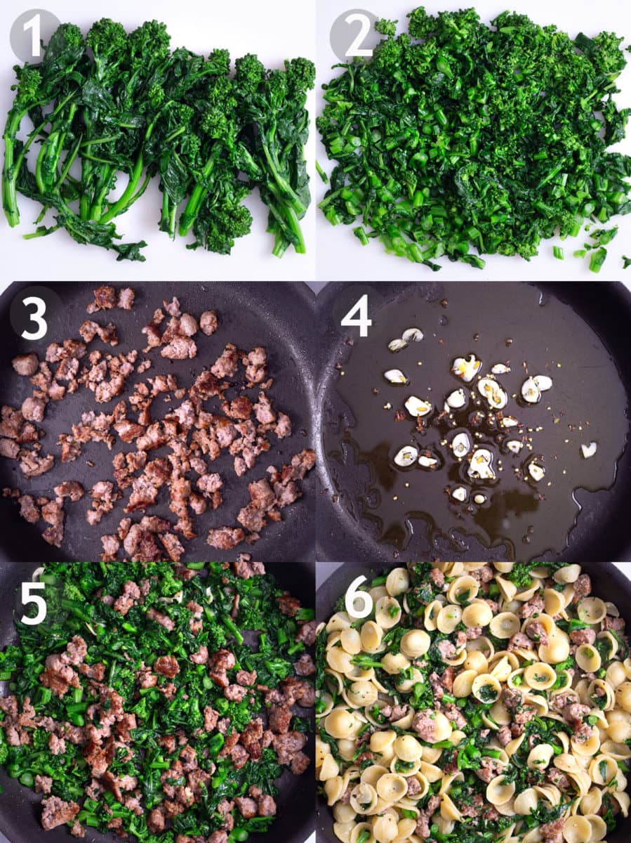 Steps to make orecchiette: blanch and chop broccoli rabe, brown sausage, saute garlic, mix with pasta and cheese.