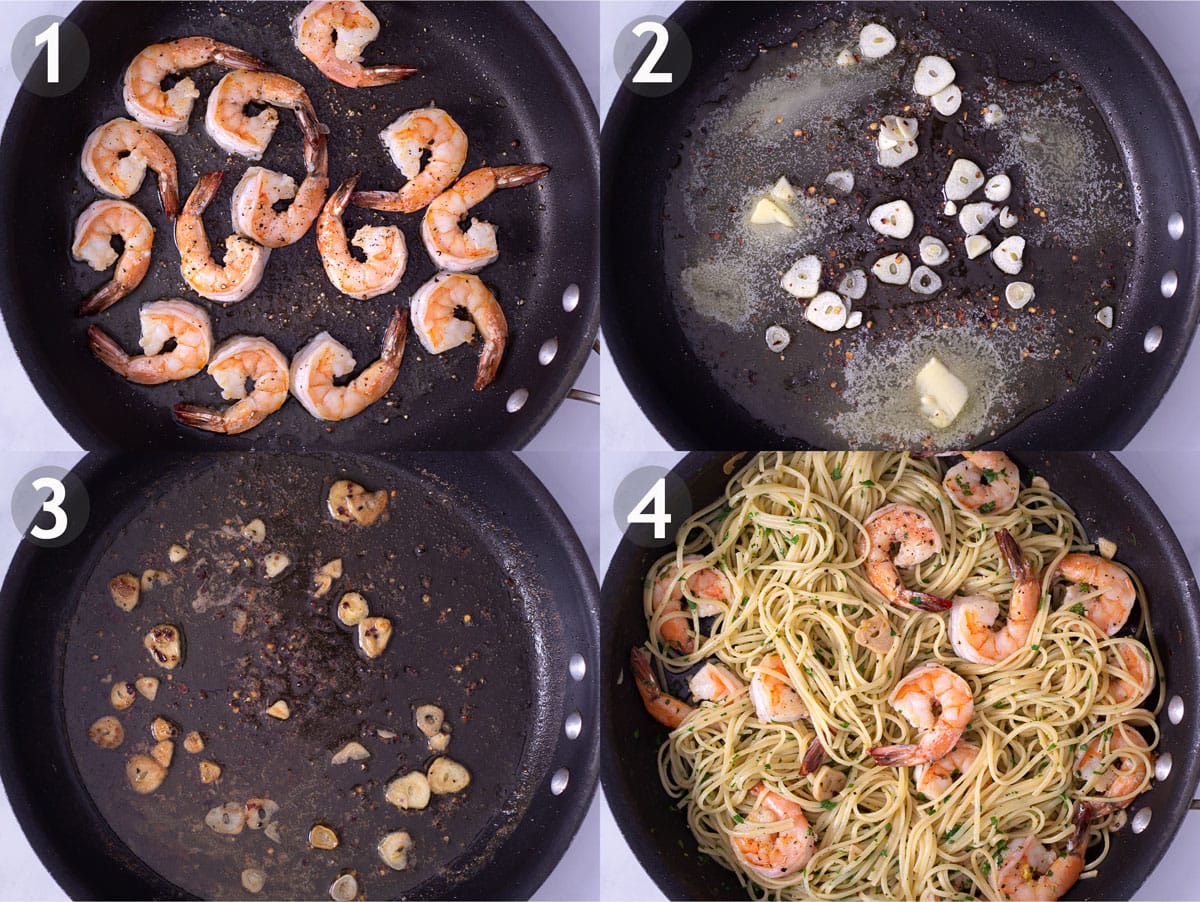 Steps to make shrimp pasta: sear shrimp, saute garlic and red pepper, add wine, add shrimp, pasta and lemon