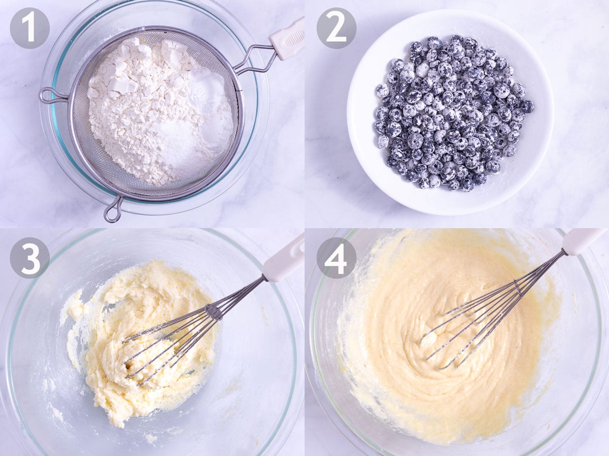 First 4 steps to make blueberry muffins: whisk dry ingredients, beat butter, sugar and eggs.
