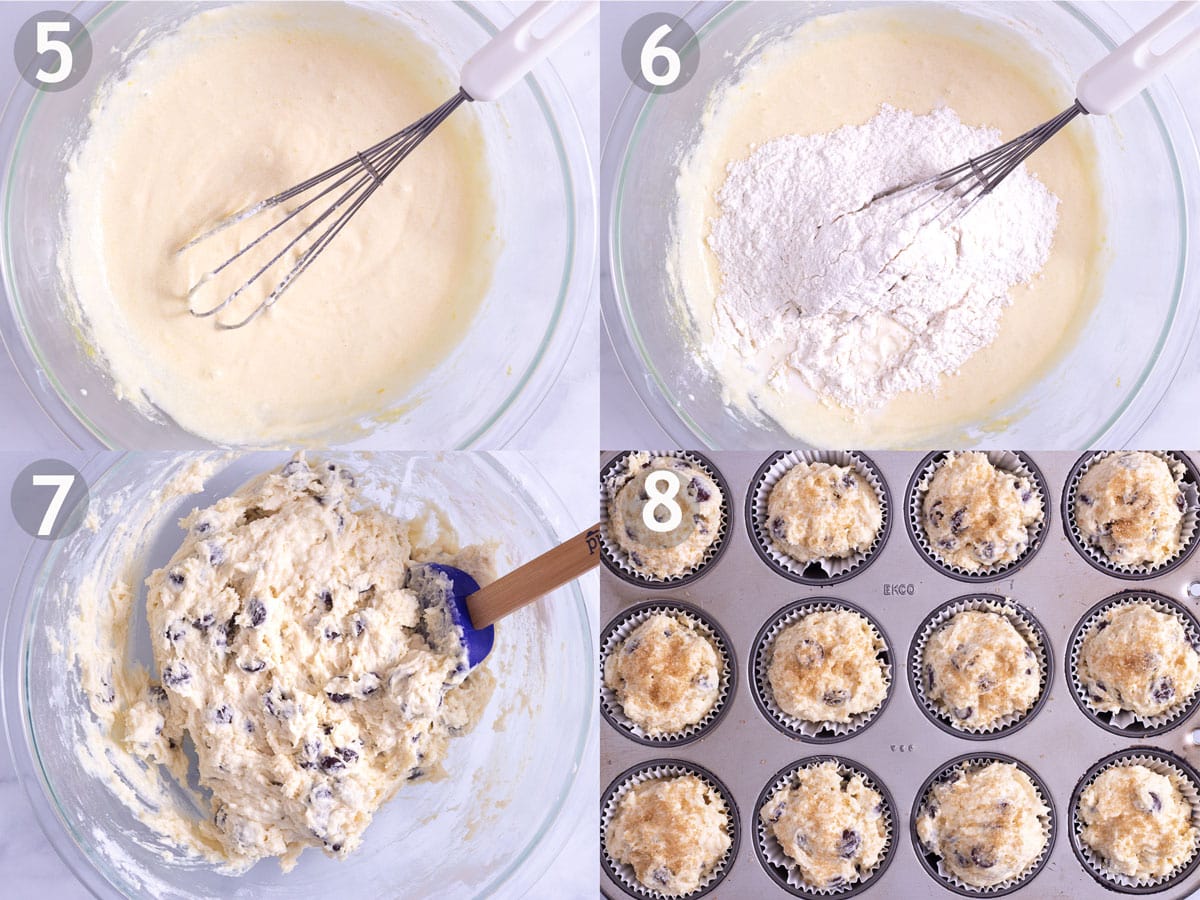 Last 4 steps to make blueberry muffins: add buttermilk and dry ingredients to egg and sugar mixture. Stir in blueberries and bake in muffin tin.