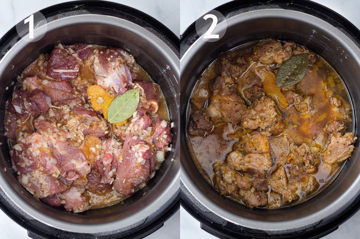 Carnitas before and after cooking in pressure cooker.