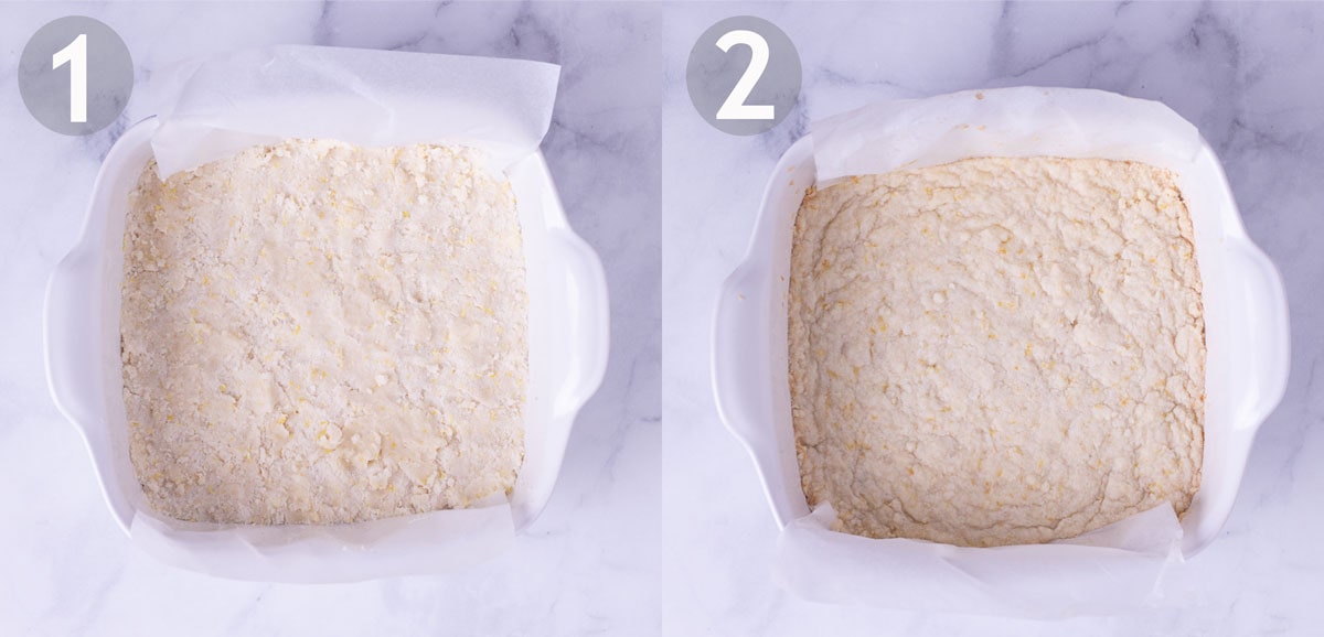 Before and after baking shortbread crust in a white baking dish on a marble surface.