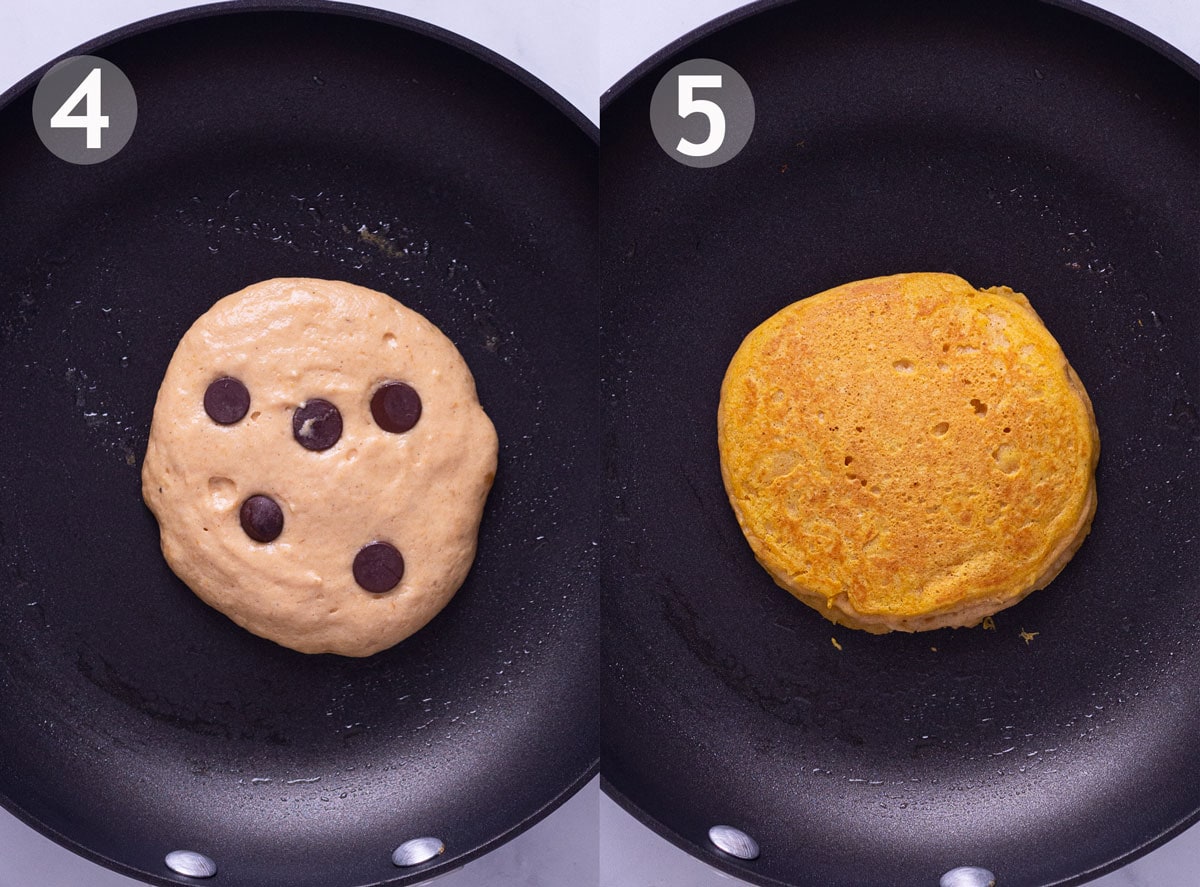 Overhead view showing pancake before and after flipping it in pan.