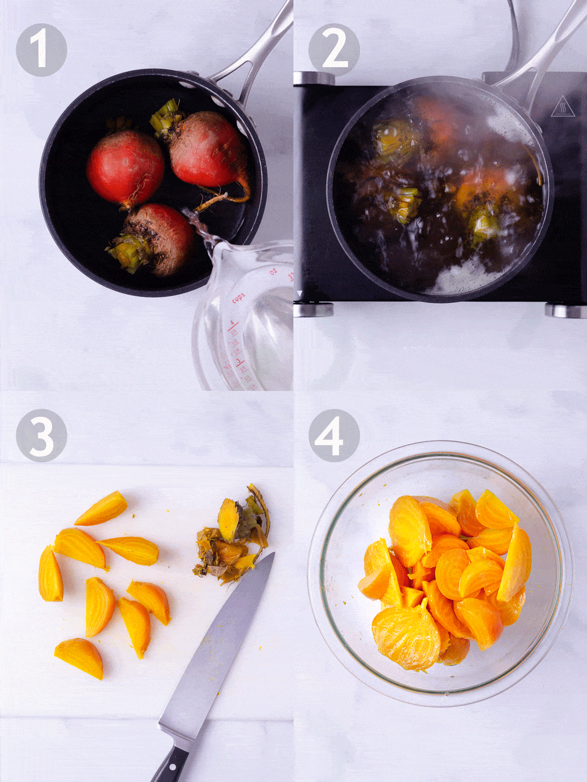 Step by step photos of boiling, peeling, slicing and seasoning beets.