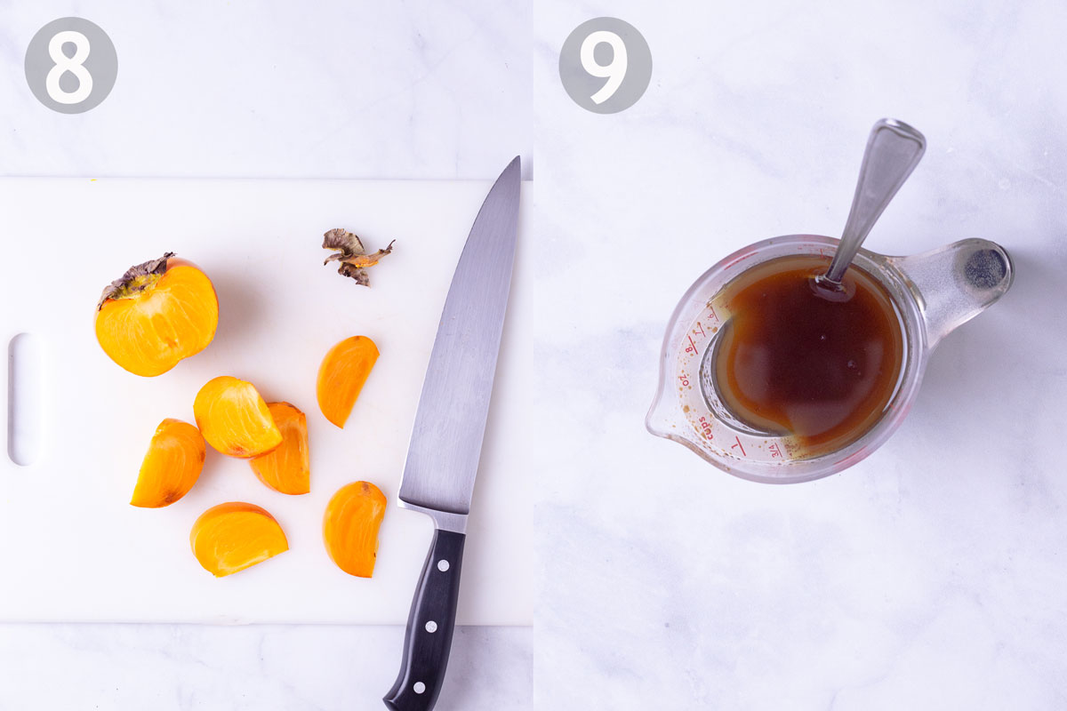 Step by step photos of cutting persimmons and making balsamic dressing.