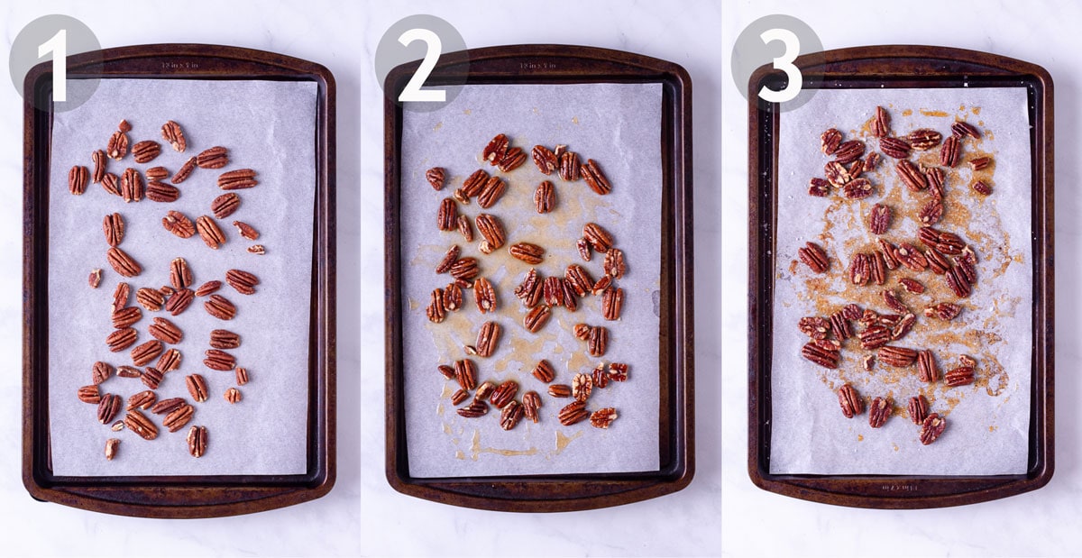 3 steps to make maple butter pecans in the oven.