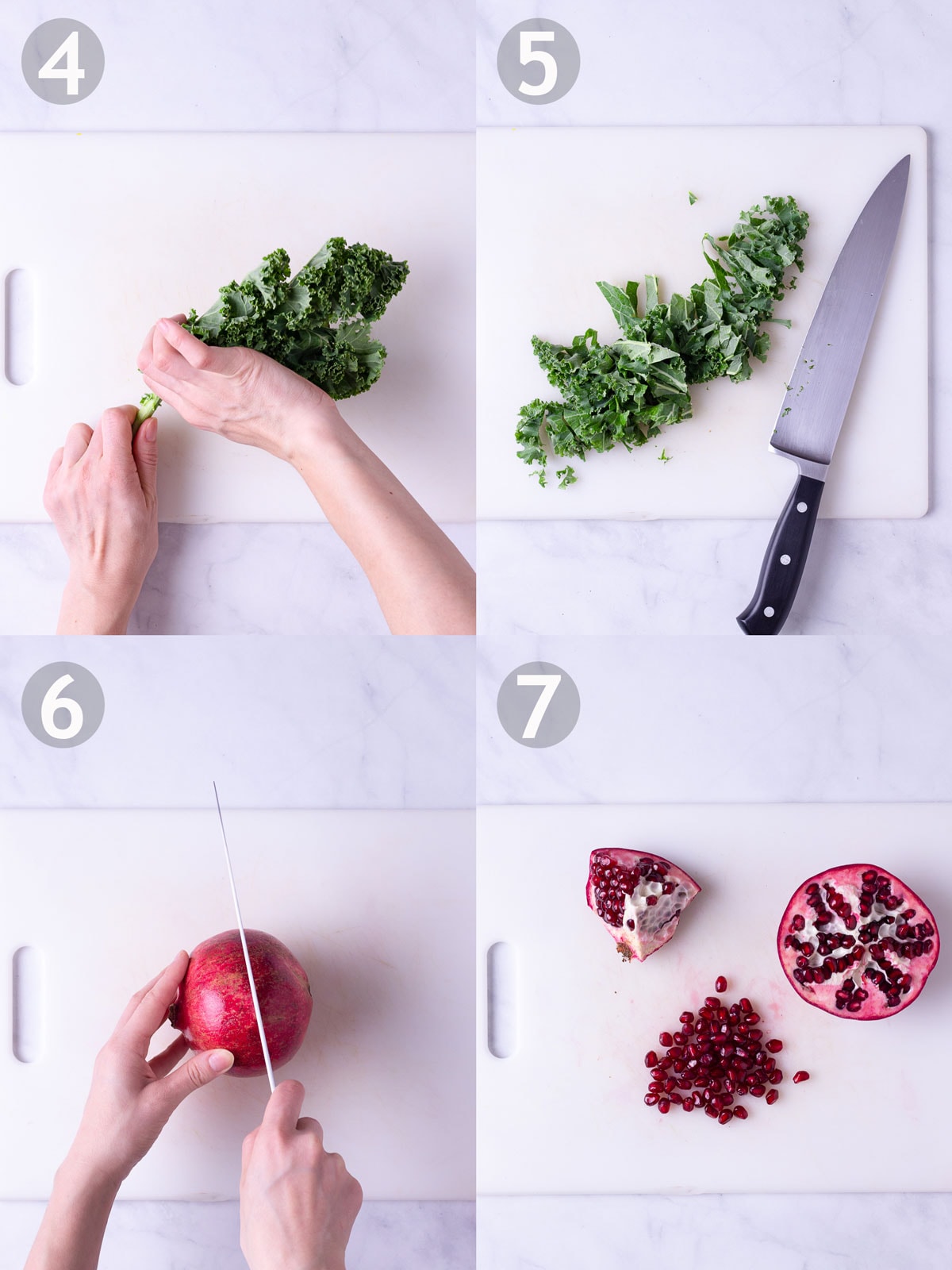 Steps to chop kale and deseed pomegranates.