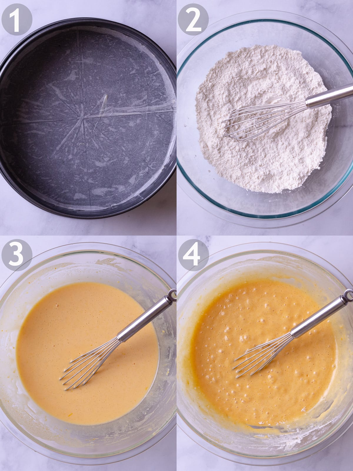 First 4 steps to prepare cake including lining and greasing a springform pan, mixing dry ingredients, mixing wet ingredients and combining wet and dry ingredients.