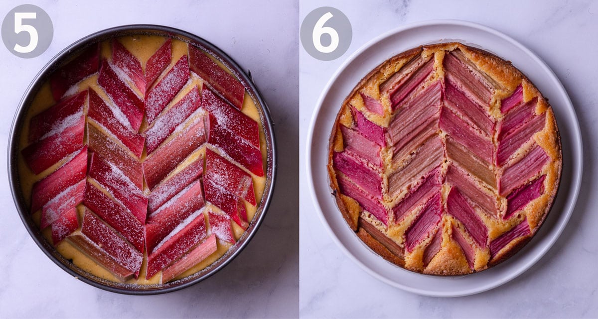 Side by side of rhubarb cake before and after being baked.