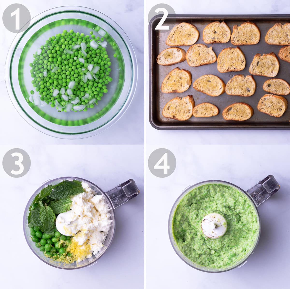 Steps to make crostini including shucking, blanching and shocking peas, toasting the bread and mixing the ricotta spread in a food processor.