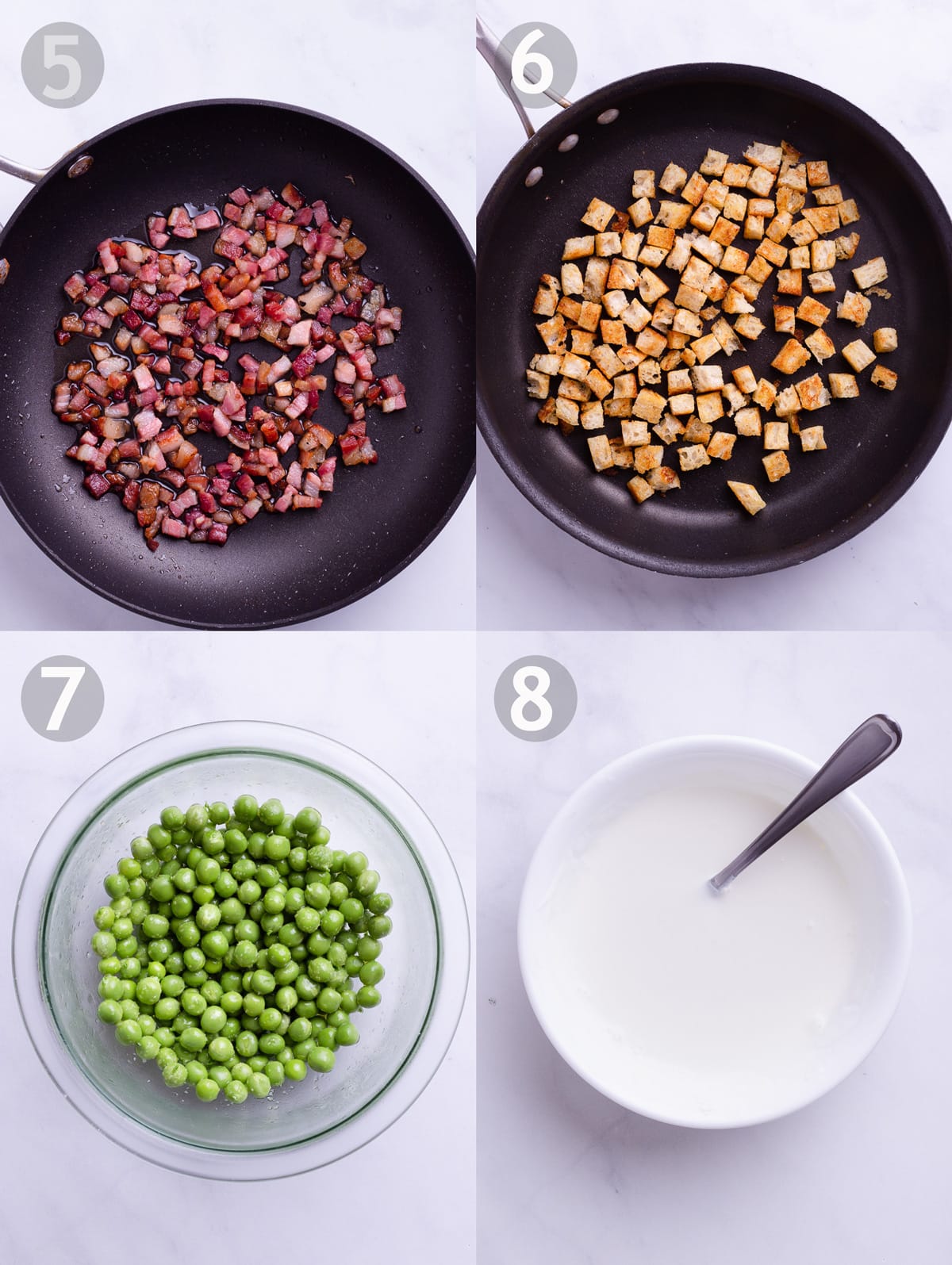 Side-by-side photos of sautéed pancetta, croutons in a pan, a bowl of green peas and a bowl of thinned out yogurt for the toppings.