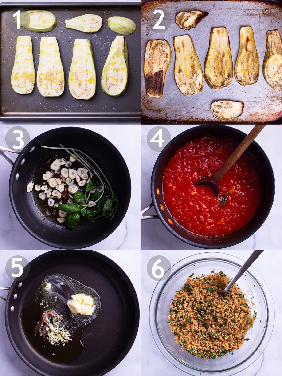 6 step by step photos showing how to roast eggplant, make a tomato basil sauce and make the garlic butter breadcrumbs.
