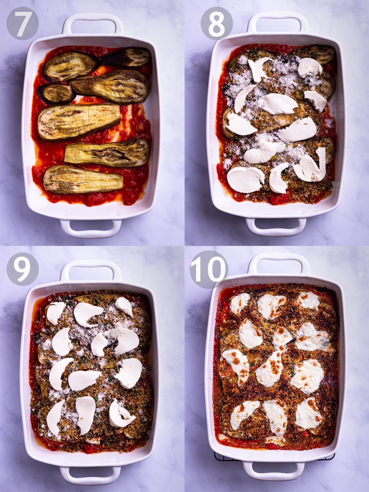 Overhead view of 4 side-by-side pictures showing steps of layering eggplant parm.