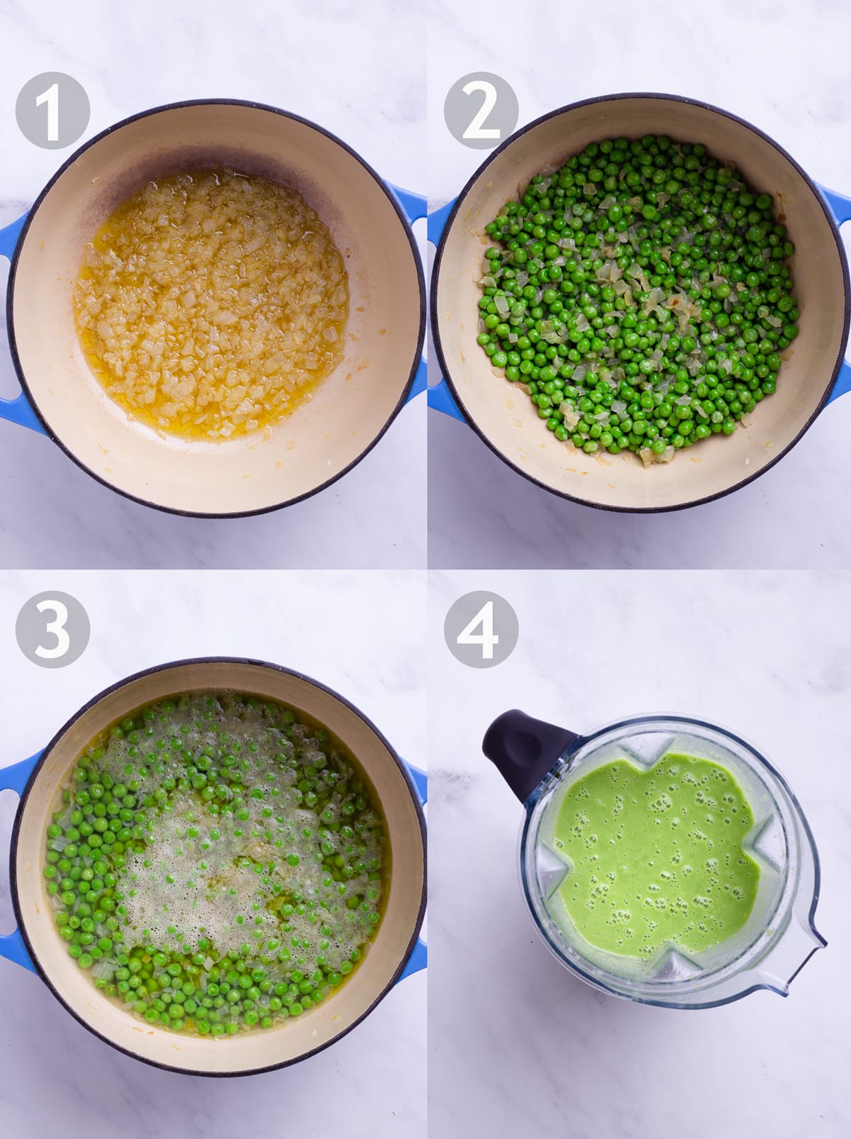Side-by-side photos showing steps to make soup, including sautéing onion, adding peas, boiling with water and pureeing in a blender.
