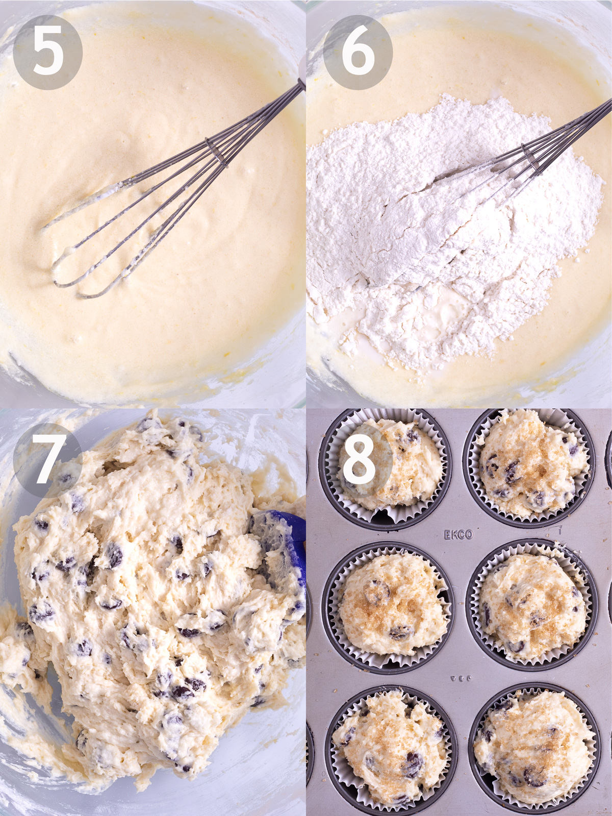 Last 4 steps to make chocolate chip muffins including, mixing all wet ingredients, adding dry ingredients and chocolate chip and scooping batter into baking tin.