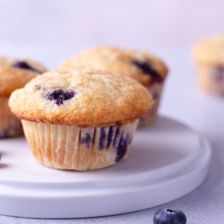 Straight on shot of a plate of blueberry muffins.